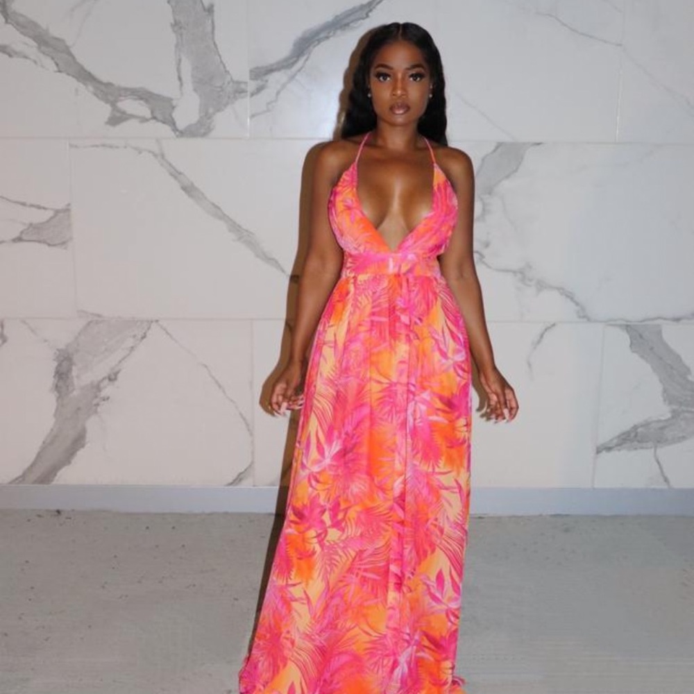 Pink and Orange Halter Maxi Dress